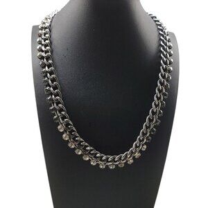 Chunky Silver-Tone Double Chain Necklace With Rhinestone Accents 24" Boho Style